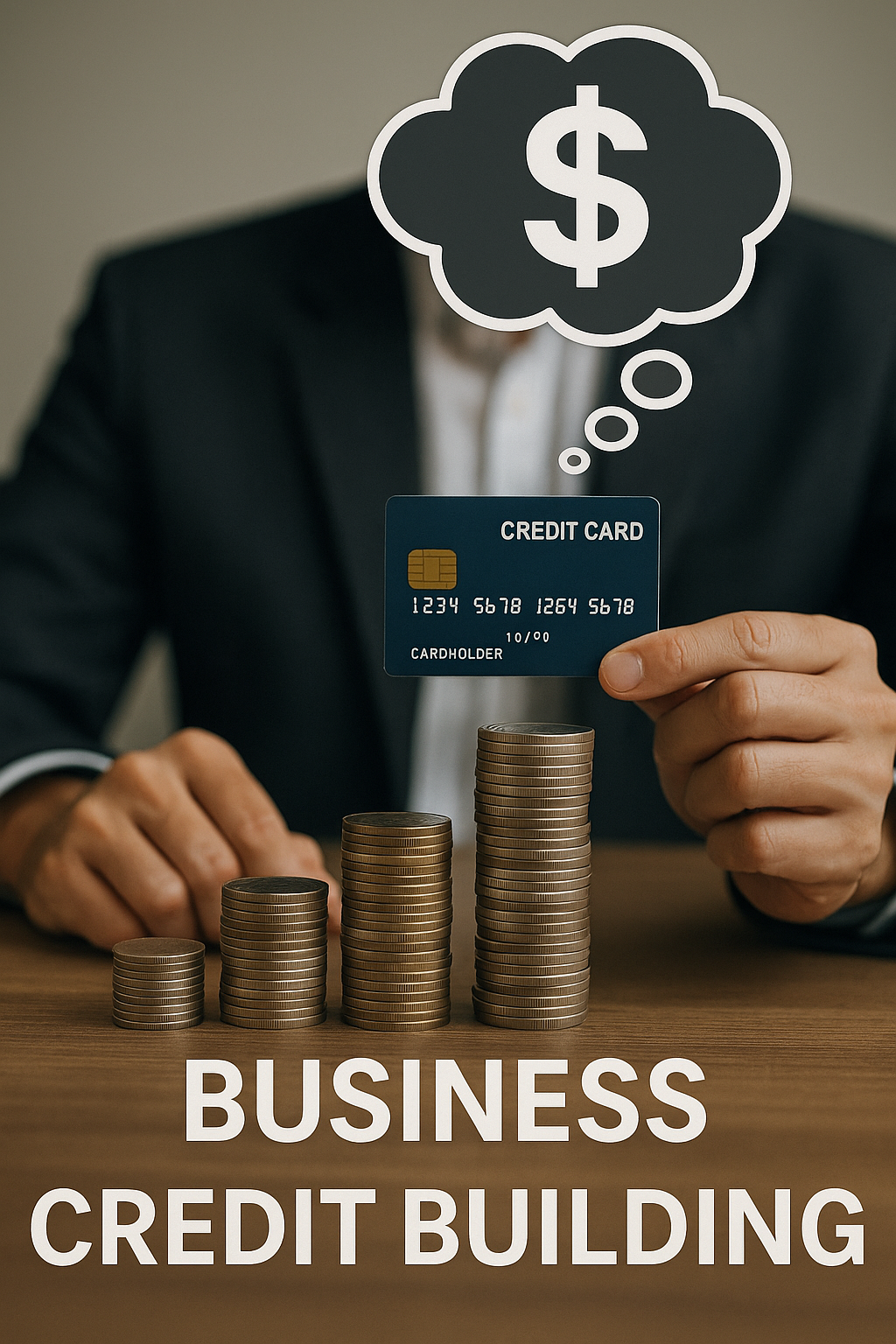 Model holding a credit card and stacking coins.